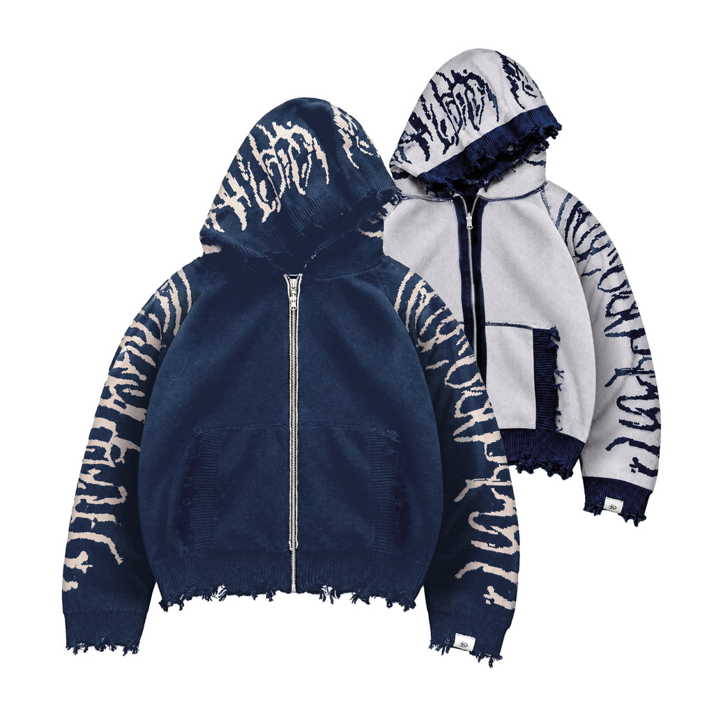 Hoodie Zip Tejido Reversible "Huesos" Rotten x Bossio (Marino x Gris)